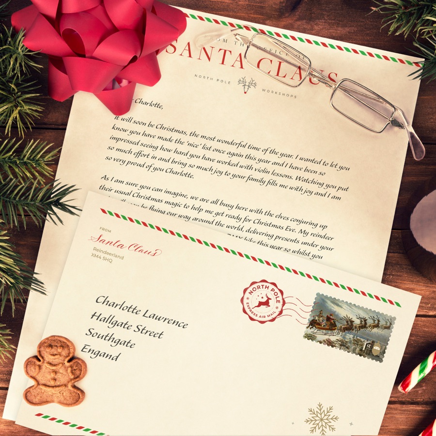 A Santa letter and envelope with a North Pole stamp