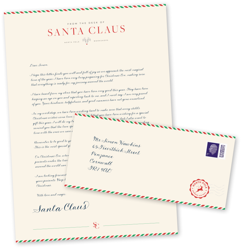 A letter from Santa on cream paper with airmail edging, beside its envelope with a North Pole stamp